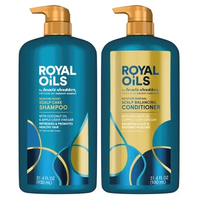 Head & Shoulders Royal Oils Dandruff Shampoo and Conditioner Set, Coconut Oil & Apple Cider Vinegar, Moisture Renewal, Scalp Relief, Curly & Coily Hair, Anti Dandruff, 31.4 Fl Oz Each, 2 Pack