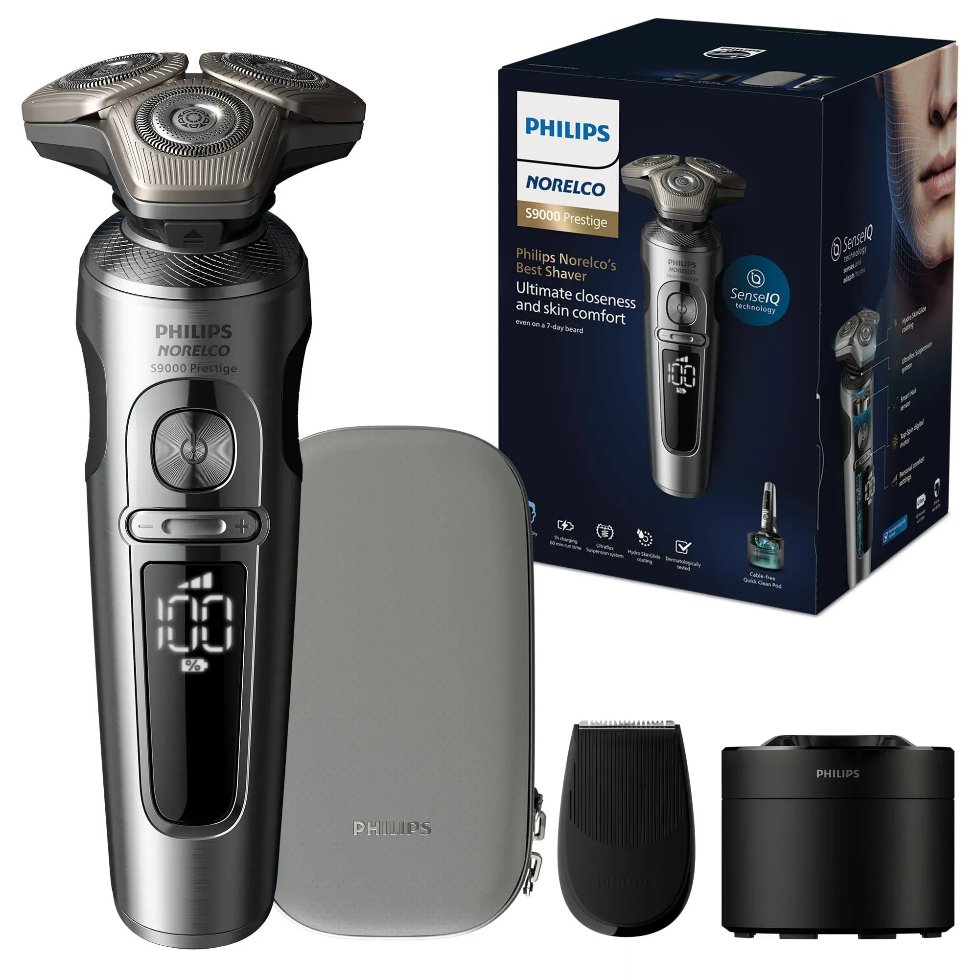 Philips Norelco Shaver Series 9000 Prestige, Wet and Dry Electric Shaver, Lift & Cut Shaving System, SenseIQ Technology, Precision Trimmer, Cleaning Pod and Premium Pouch, Bright Chrome, SP9841/84