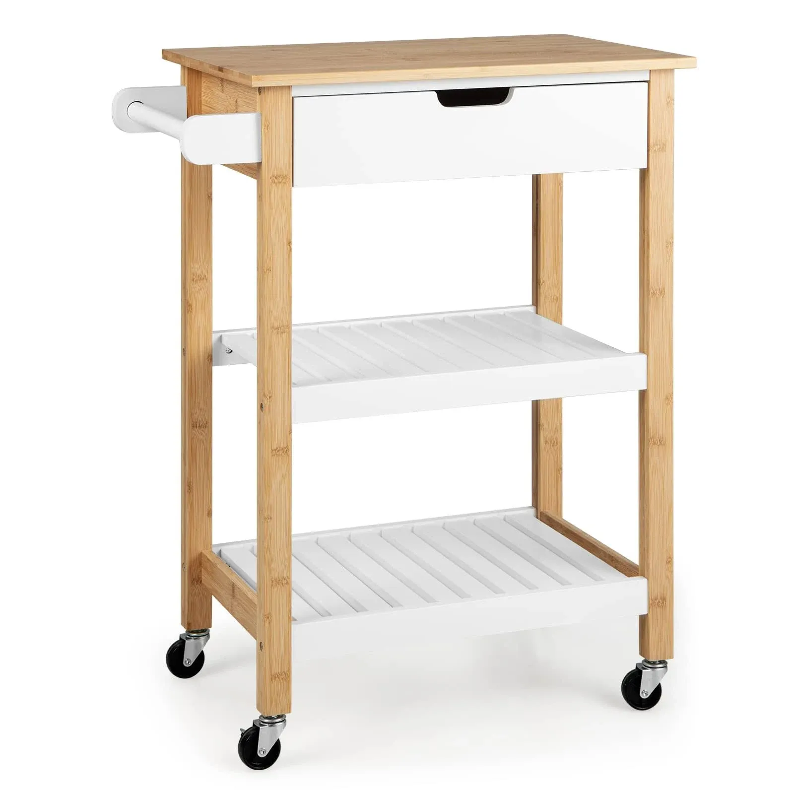 3-Tier Kitchen Island Cart Rolling Service Trolley with Bamboo Top-Natural