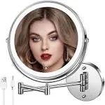 Wall Mounted Lighted Makeup Mirror, 8" Rechargeable Double-Sided Magnifying Mirror 1x/10x, 3 Colors Led Vanity Mirror with Lights, Touch Dimmable 360° Rotation Foldable Light up Mirror