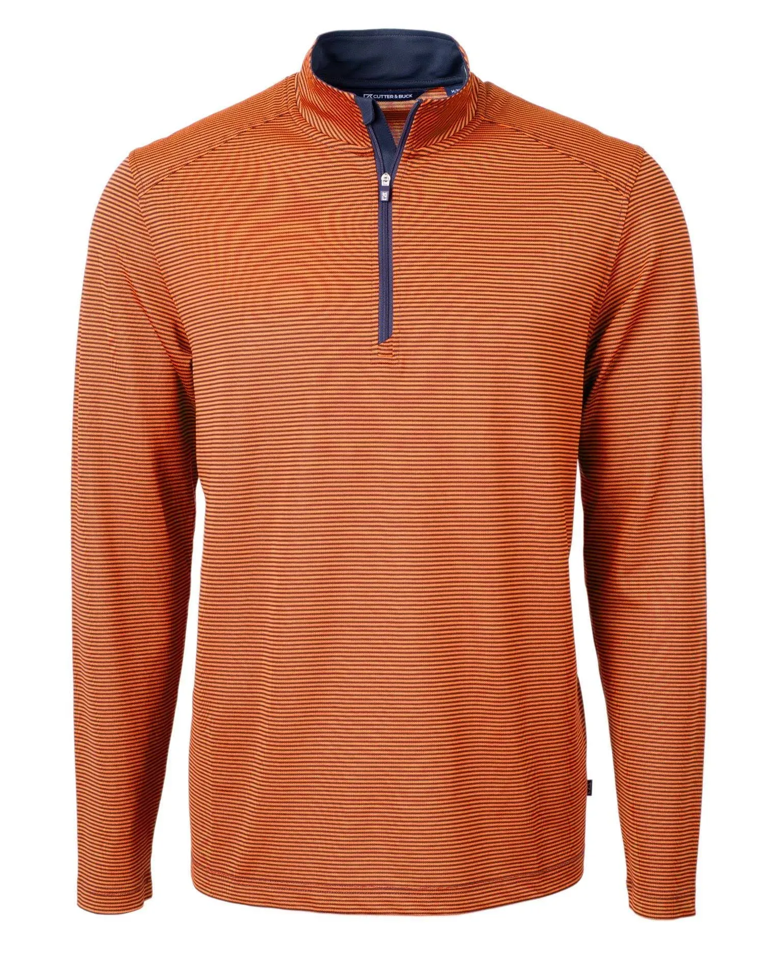 "Cutter & Buck Men's College Orange/Navy Blue Virtue Eco Pique Micro Strip Recycled Quarter Zip"