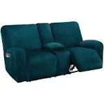 Reclining Love Seat with Middle Console Slipcover, 8-Piece Velvet Stretch Loveseat Reclining Sofa Covers, 2 seat Loveseat Recliner Cover, Thick, Soft, Washable, Loveseat Slipcovers (Retro Green)