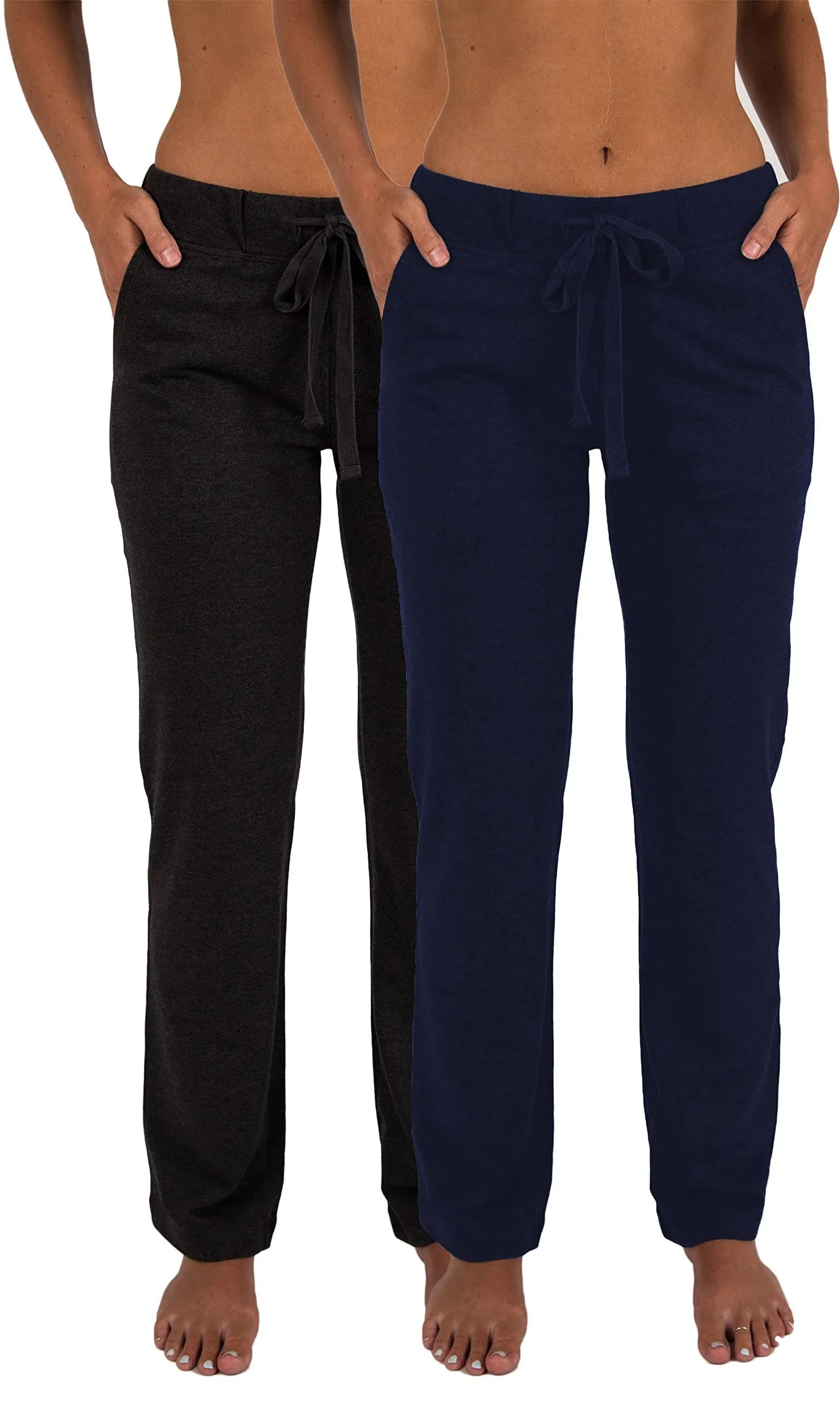 Sexy Basics Women's 2 Pack Ultra Soft French Terry Cotton Drawstring Yoga Lounge Long Pants (2 Pack- Navy & Charcoal, Medium)