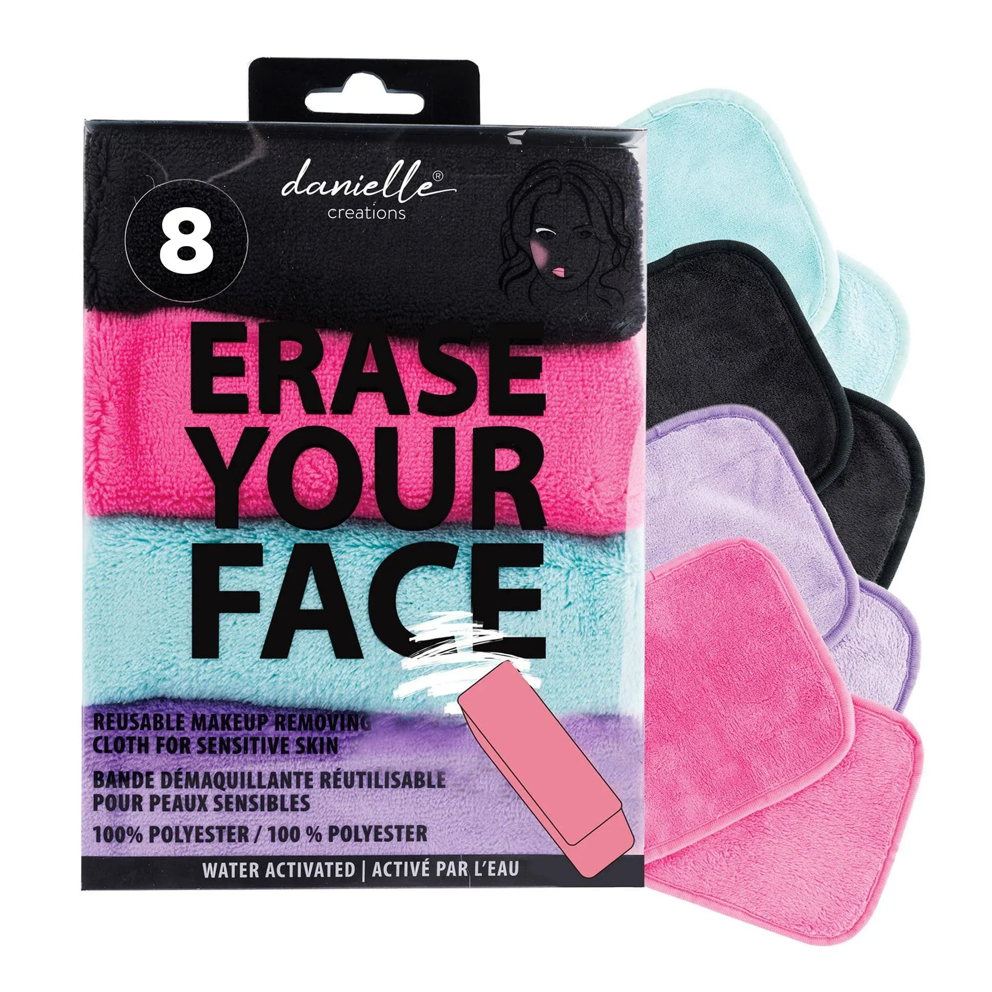 Erase Your Face Erase Your Face Make Up Removing Cloths, Black, Blue, Pink, Purple (8 Count)