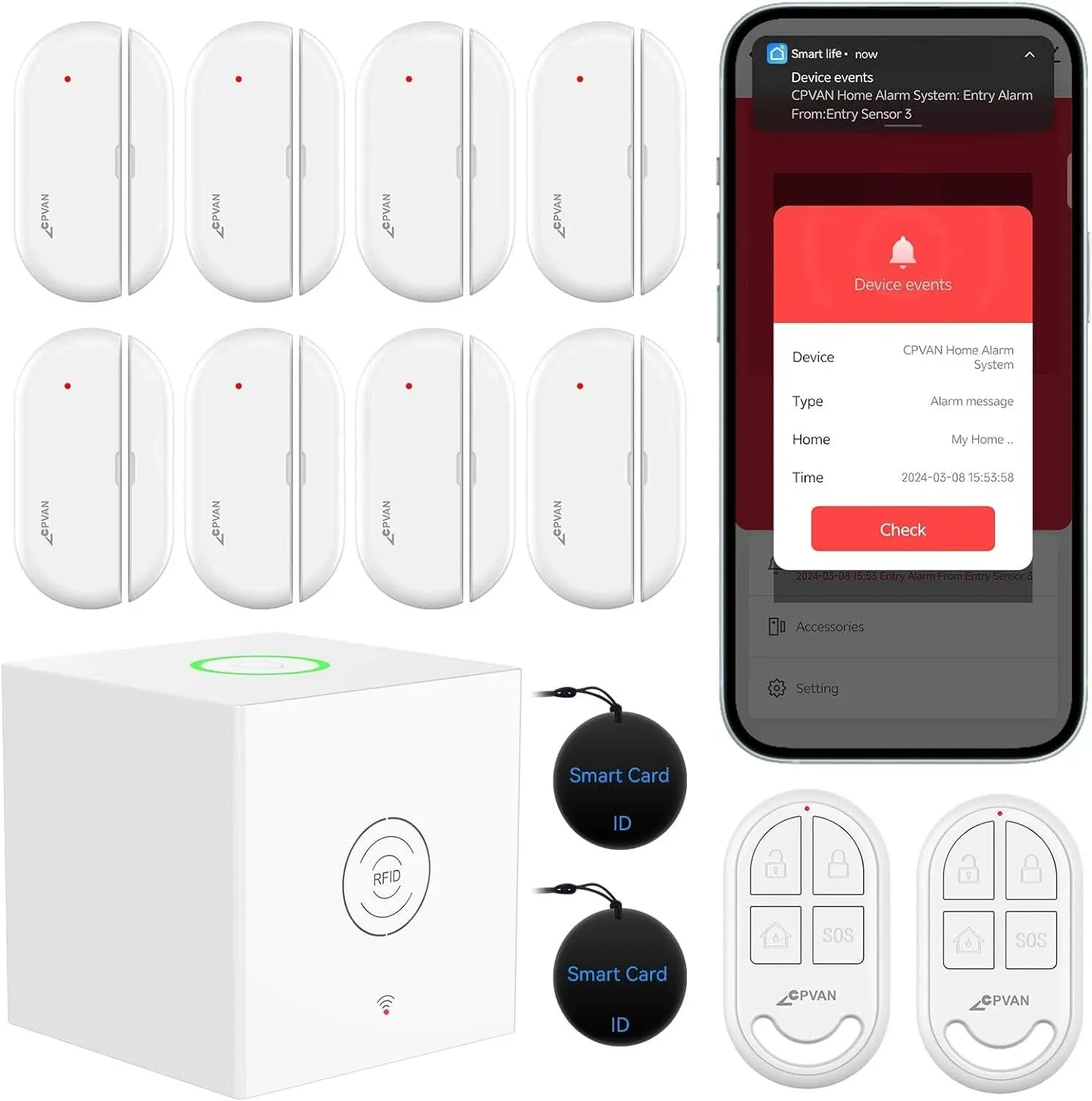 CPVAN Home Alarm System Wireless, DIY Smart Door/Window Alarm for Home Security, WiFi Alarm with Phone App Alert 13 Pieces-kit (Alarm Hub, 8 Door CP9