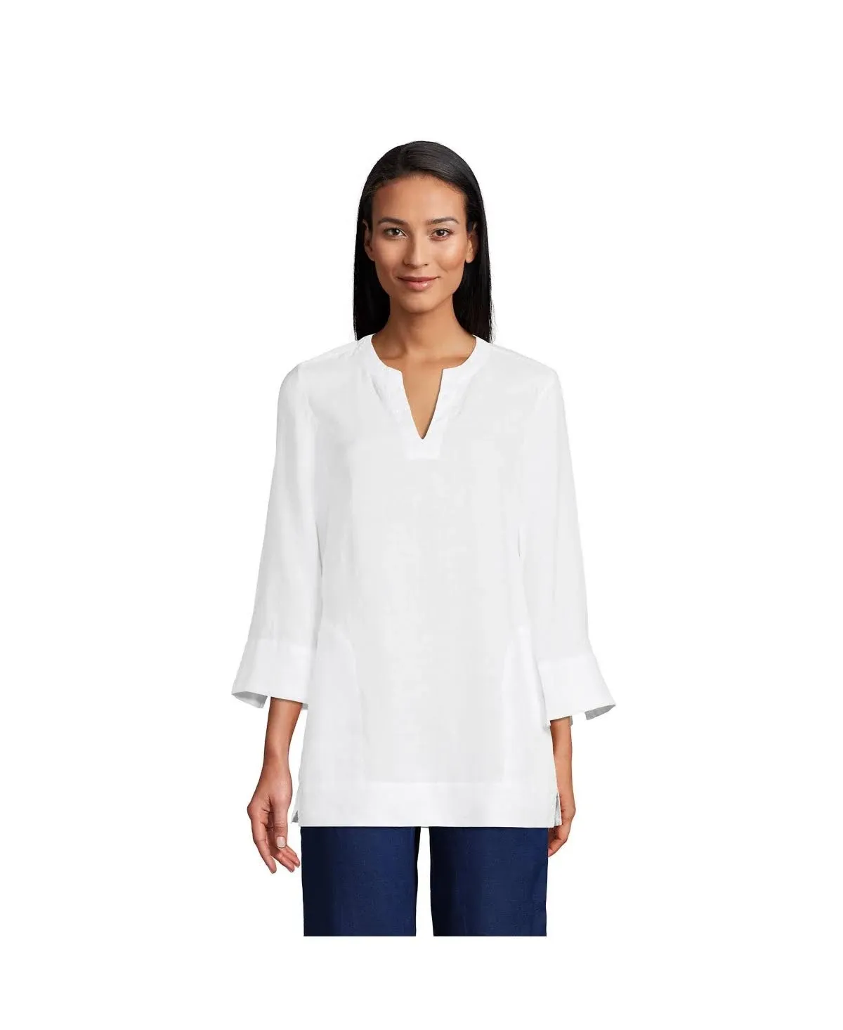 Lands' End Women's Linen Split Neck Tunic Top - White