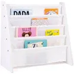 Kids Book Rack with Fabric Sling Sleeves, Primary/White