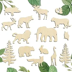 Set of 15 Wood Cutouts,Forest Animals Wood Cutouts for Crafts,Wooden Crafts to Paint,Unfinished Wooden Animal Cutout,Bear Deer Pine Trees Elephant