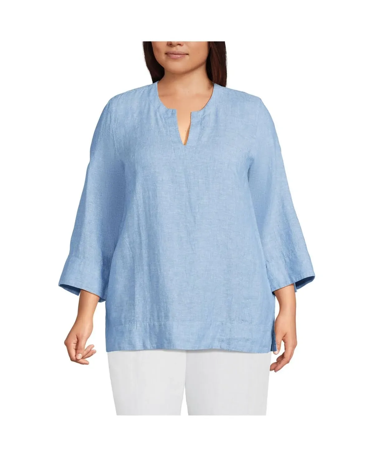 Lands' End Women's Plus Size Linen Split Neck Tunic Top - 2x - Soft Blue Linen