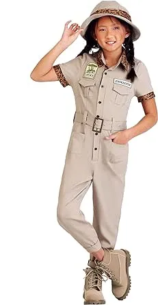 Girls' Safari Zookeeper Costume - Khaki Jumpsuit with Leopard Print Accents