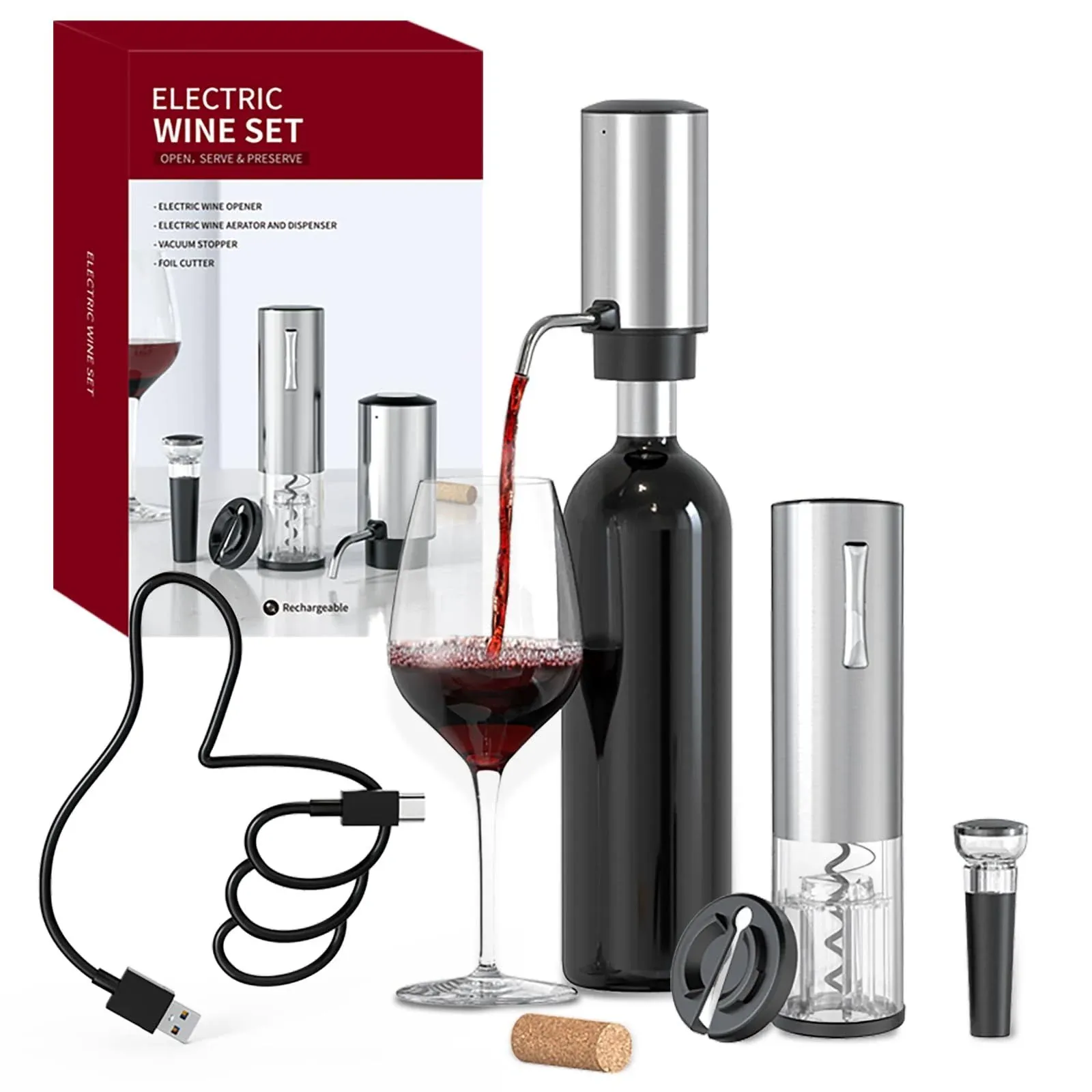 Circle Joy Electric Wine Opener Set 4-in-1 Wine Set with Rechargeable Wine Opener ...