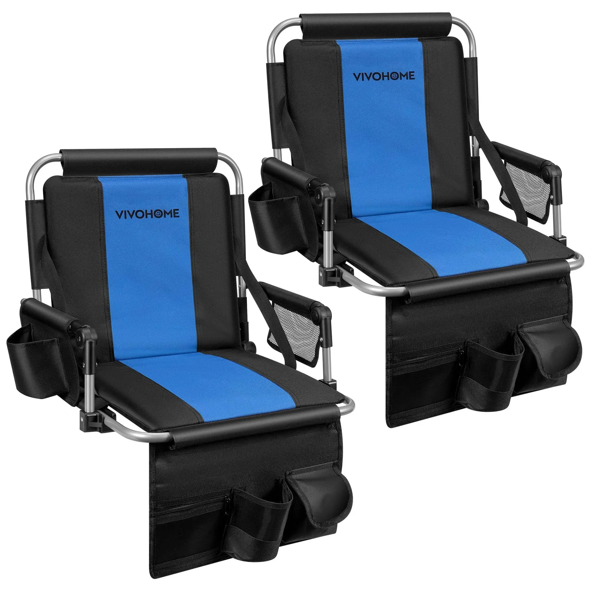 VIVOHOME Stadium Seats with Back Support and Cushion, 2 Pack Portable Bleacher Chairs with Cup Holder, Storage Bags and Shoulder Strap, Black and Blue