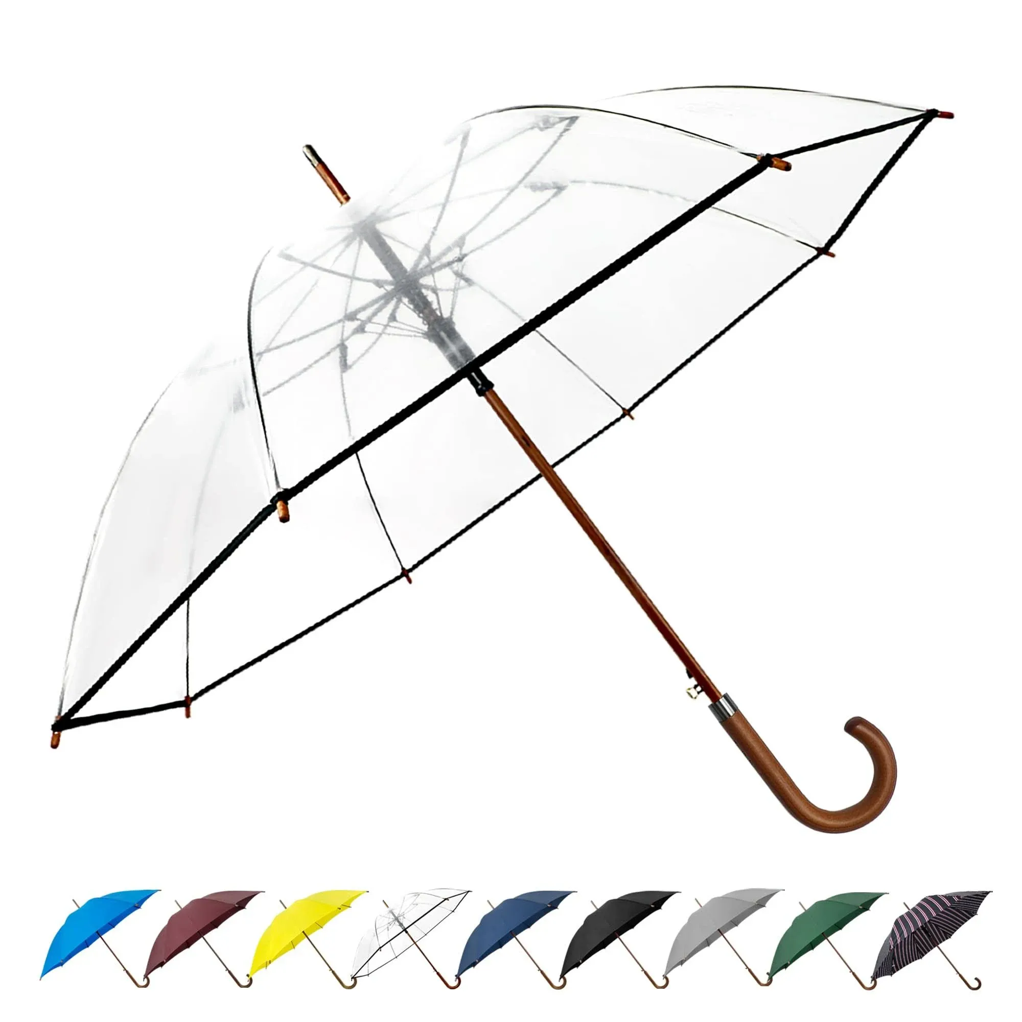 SoulRain 48" Arc Classic Wood Handle Auto Open Windproof Clear Unbreakable Stick Rain Umbrella