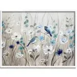 Stupell Industries Birds Floral Meadow Blue White Blossoms, Design by Nan