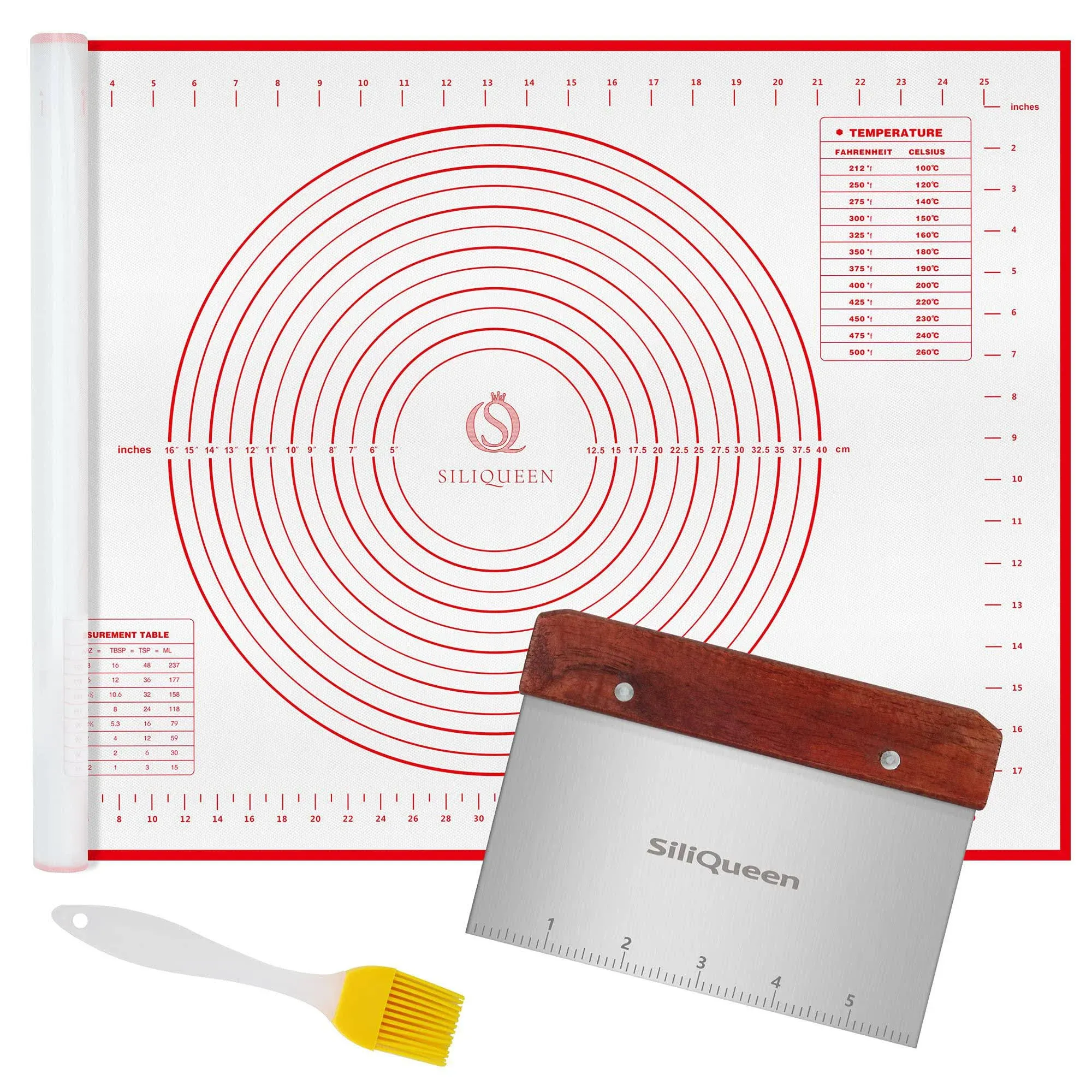 SiliQueen Silicone Pastry Baking Mat with Measurements Extra A Brush and A Dough Scraper- 27.5 x 20 Heat Resistant, BPA Free, Non-Stick Non-Slip Past