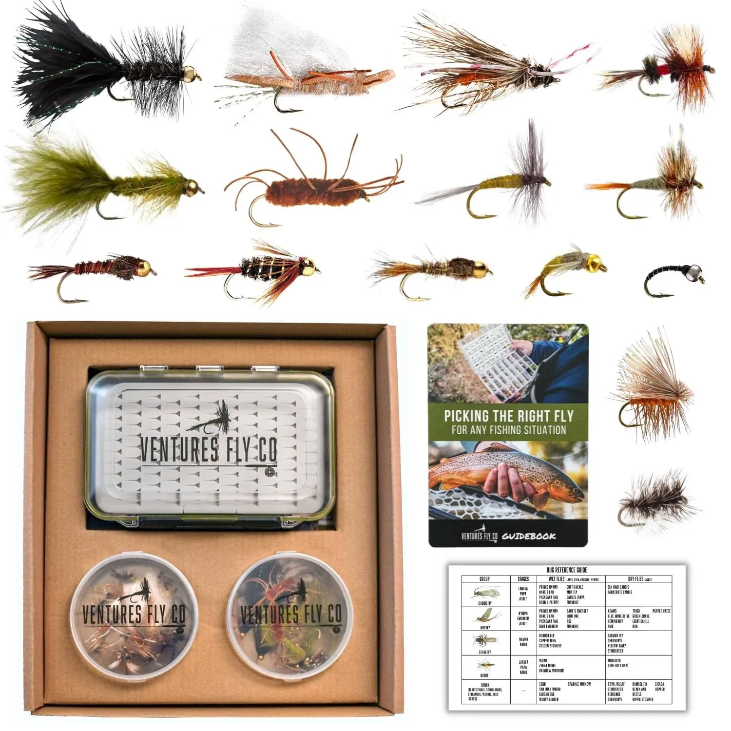 Ventures Fly Co 40 Premium Hand Tied Fly Fishing Flies Assortment Fly Box Included Dry, Wet, Nymphs, Streamers, Wooly Buggers, T