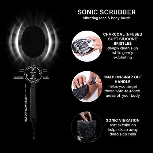 Black Wolf Vibrating Face and Body Brush, Sonic Scrubber Pro - Water Resistant, 4 Settings, 2 Speeds & 2 Modes, Massage Brush with Charcoal Infused Silicone Bristles for Deep Clean