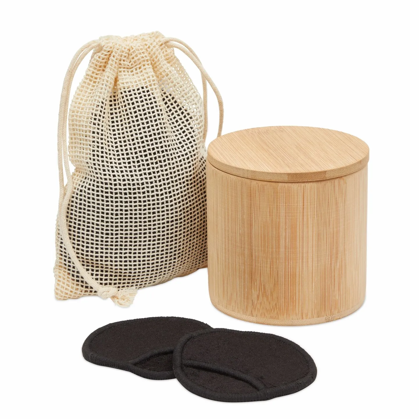 16 Black Reusable Cotton Rounds, 1 Bamboo Holder, 1 Mesh Storage Bag (3 In, 18 Piece Set)