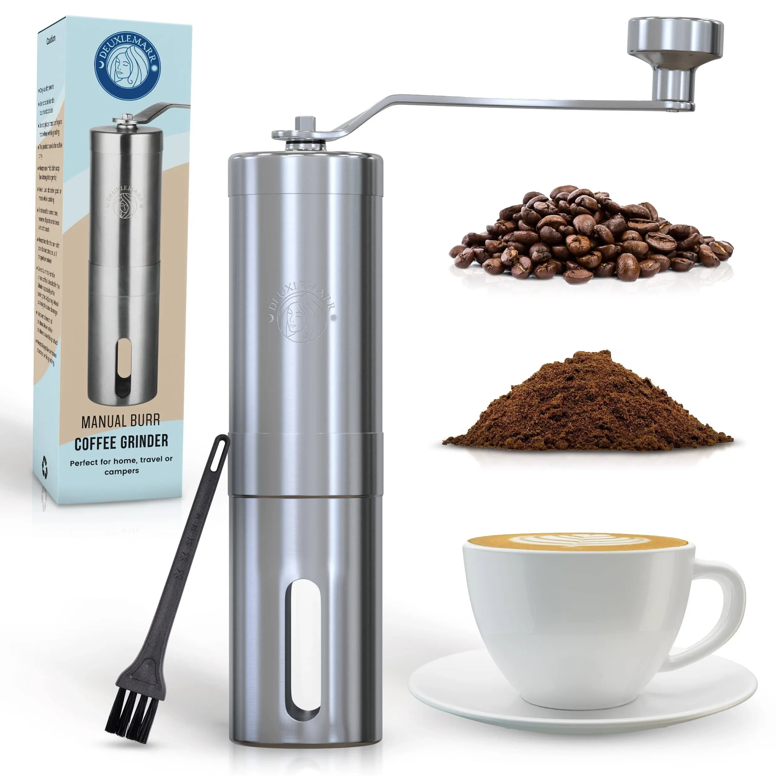 Deuxlemarr Manual Coffee Grinder, 304 Grade Stainless Steel, Adjustable Coarseness, Handheld Ceramic Burr, Portable Coffee Bean Grinders for Travel, F