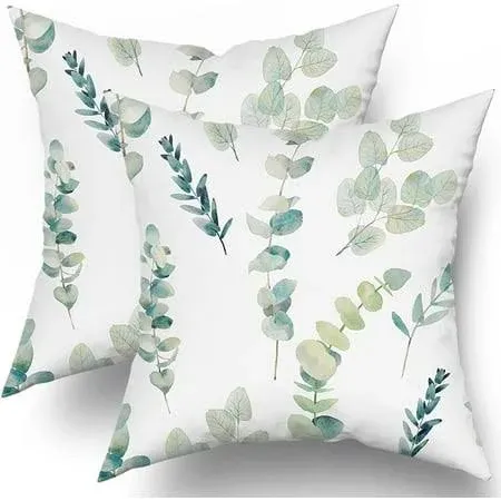 Sage Green Pillow Covers 18X18 Inch Eucalyptus Branches Floral Watercolor Decorative Green Leaf Print Throw Pillow for Home Sofa Cotton Seafoam Blue Green Gray Square Cushion Pillowscase, Set of 2