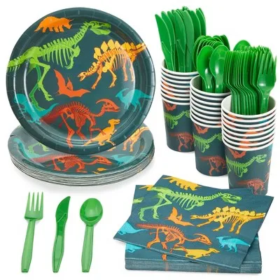 Juvale 144-Piece Dinosaur Birthday Party Supplies with Paper Plates, Napkins, Cups and Cutlery for Dino Party Decorations (Serves 24)