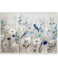 Stupell Industries Birds Floral Meadow Blue White Blossoms 30 x 24 Design by Nan