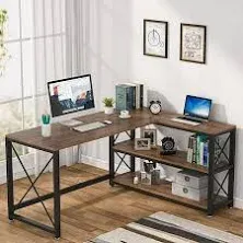 Tribesigns Reversible Industrial L-Shaped Desk with Storage Shelves, Corner Computer Desk PC Laptop Study Table Workstation for Home Office Small Space (White, 53")