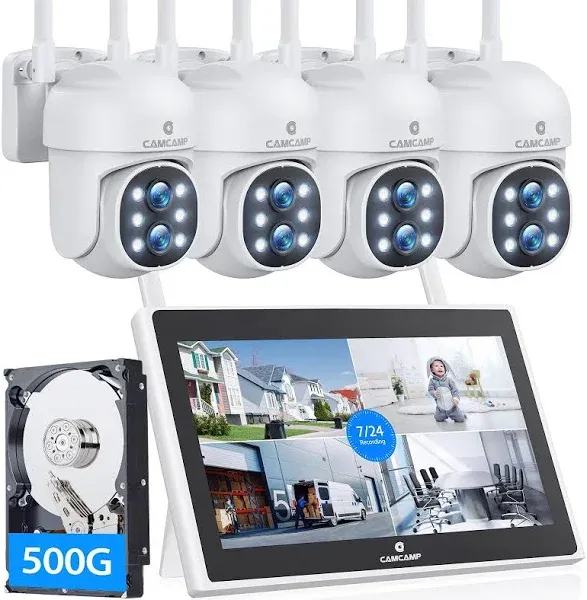 CAMCAMP Wireless Security Camera System Outdoor with 10.1" LCD Monitor, 4Pc 2K Dual Lens PTZ Security Cameras, 10X Zoom, Color Night Vision,Auto Tracking,2-Way Audio,10CH Expandable NVR, 500GB HDD