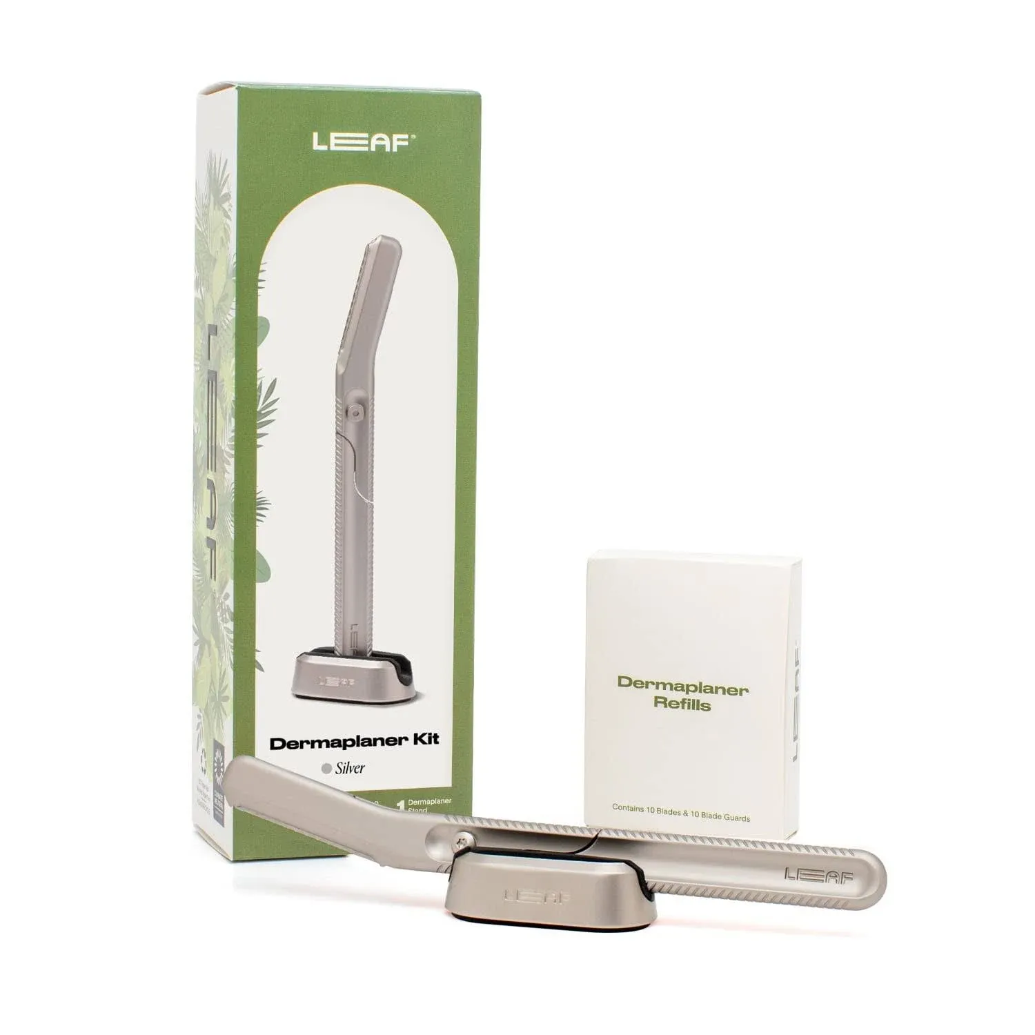 Leaf Shave | The Leaf Dermaplaner Kit, Silver - All-Metal Facial Razor and Exfoliating Tool for Women; Gift Set Includes 1x Dermaplaner, 1x Stand, & 12x Refills