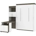 Bestar Orion Queen Murphy Bed and Shelving Unit with Fold-Out Desk (95W) in White & Walnut Grey