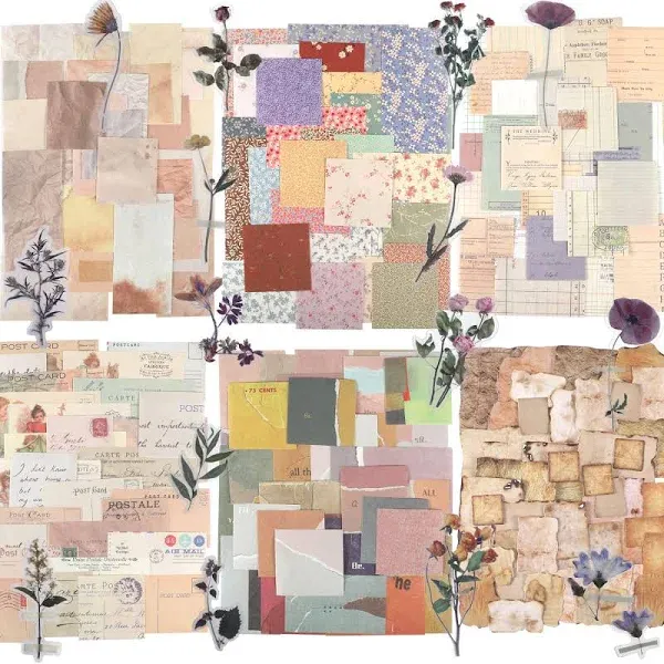 GNILLKO 445 PCS Vintage Scrapbook Paper Journaling Scrapbooking Supplies Kit Aesthetic Decorative Craft Paper include 40 Sheet Flowers Stickers for Planner