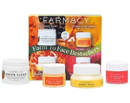 Farmacy Bestsellers Skin Care Set - Includes Green Clean Cleansing Balm, Wake Up Honey Eye Cream, Honey Halo Face Moisturizer + Lip Smoothie - Travel Size Skincare for Healthy, Glowing Skin (4 Count)