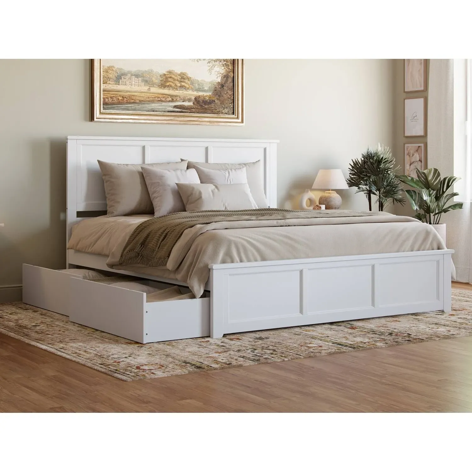 AFI Madison Full Wood Platform Bed with Footboard and Storage Drawers, Light Toffee