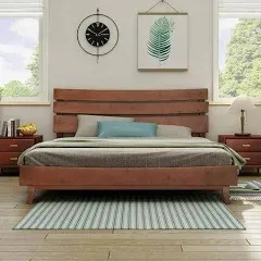 VANACC 14" Solid Wood Bed Frame Mid-Century Style with Headboard, Queen, Walnut