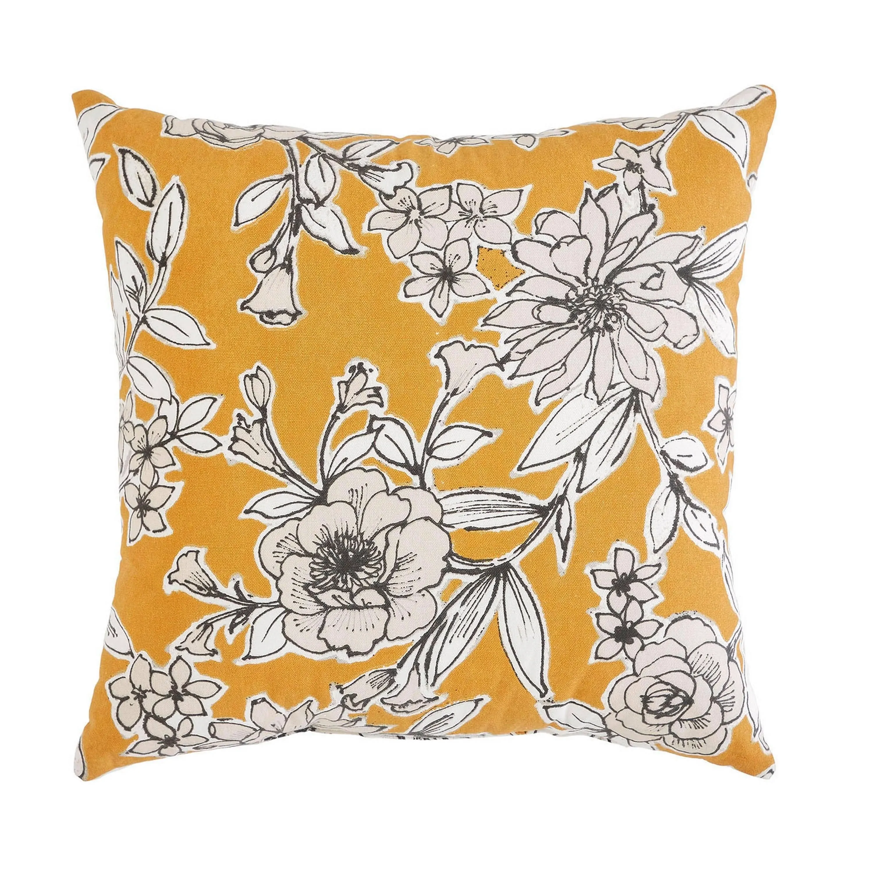 Indigo Ink - Decorative Pillow, Floral Cotton Pillow, Throw Pillows for Couch or Bed, Boho Home Decor, 20" x 20" (White Denim Collection, Yellow)