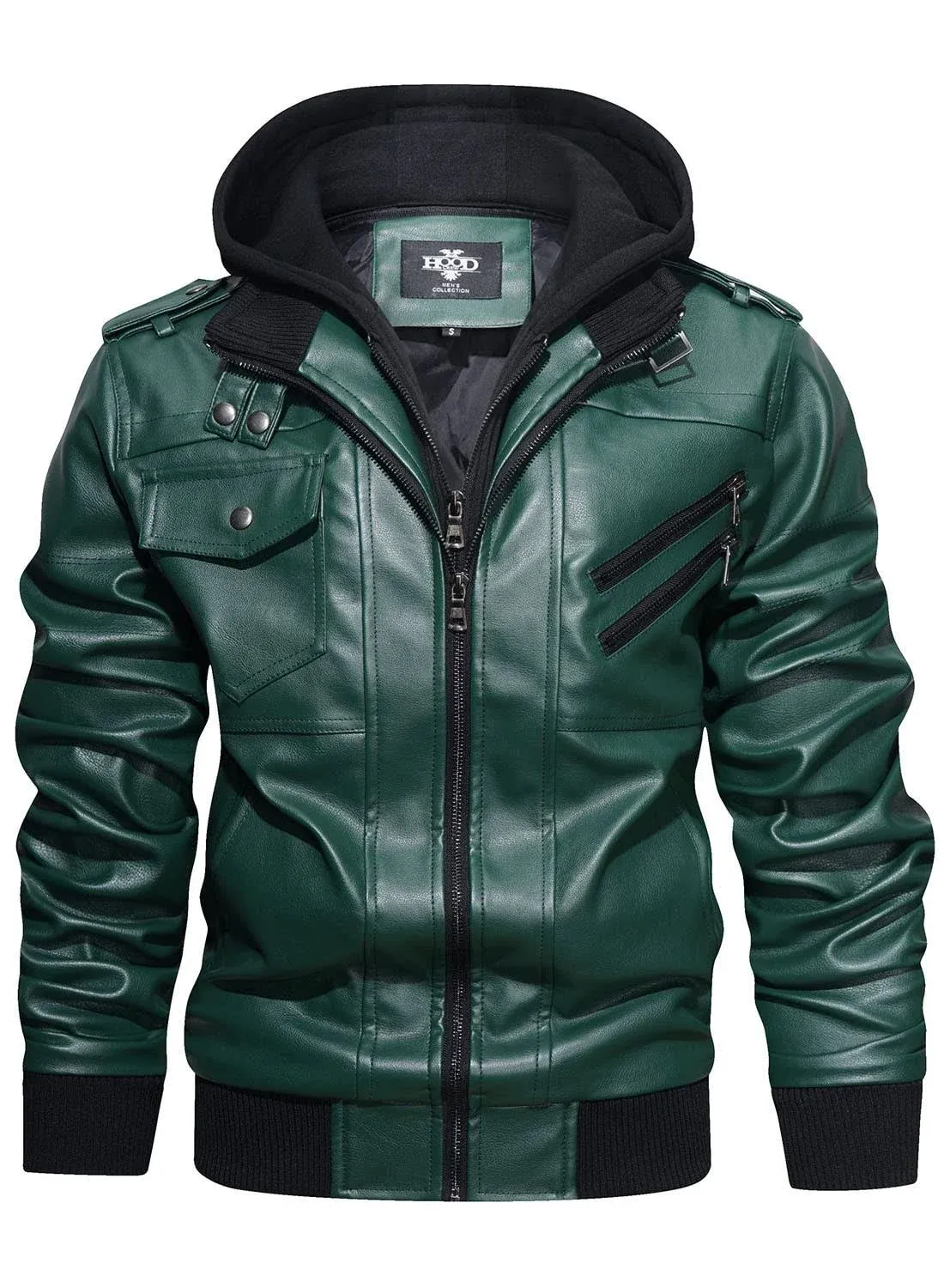 Hood Crew Men’s Casual Stand Collar PU Faux Leather Zip-Up Motorcycle Bomber Jacket with A Removable Hood