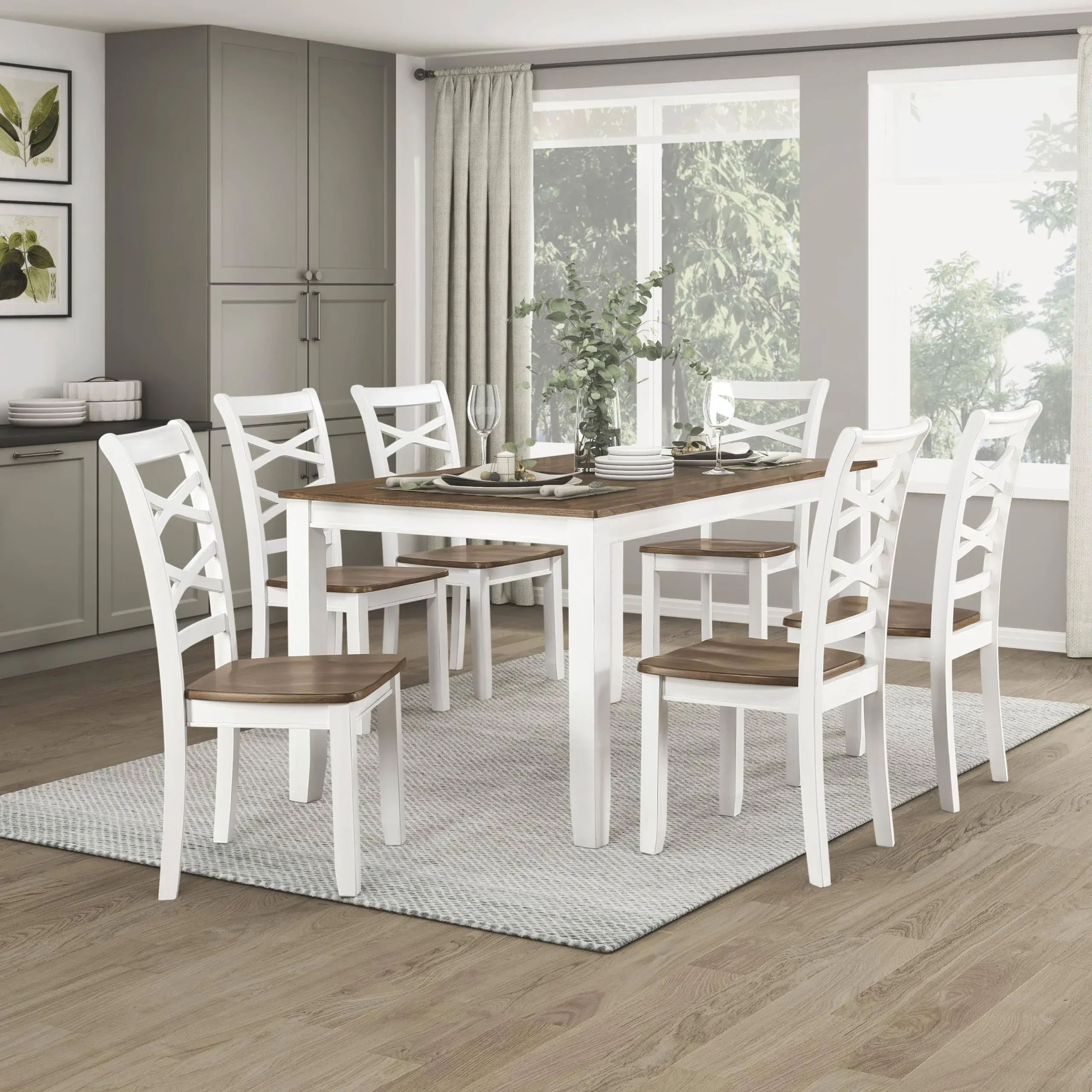 Lexicon Dining Table Set for 6 with Cross Back Chairs, 7 Piece Farmhouse Kitchen Table Set, Solid Wood Dining Room Table and Chairs Set of 6 for Home, Dining Room, Kitchen, Cherry/White