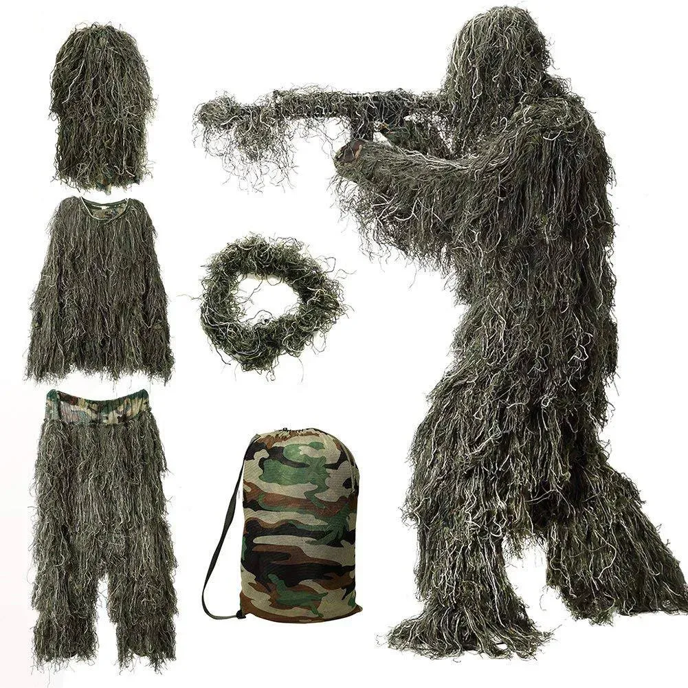 MOPHOTO 5 in 1 Ghillie Suit, 3D Camouflage Hunting Apparel Including Jacket, Pants, Hood, Carry Bag Suitable for Unisex Adults/Youth (M/L/XL/XXL)