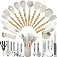 Kitchen Utensils Set 35 Pcs Cooking Utensils With Grater,Tongs, Spoon Spatula &Turner Made Of Heat Resistant Food Grade Silicone And Wooden Handles