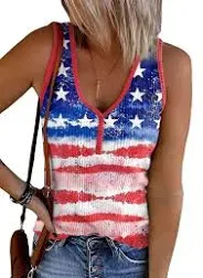 Womens American Flag Button V-Neck Tank Coloful Printed Sleeveless Patriotic Shirts Summer Tops