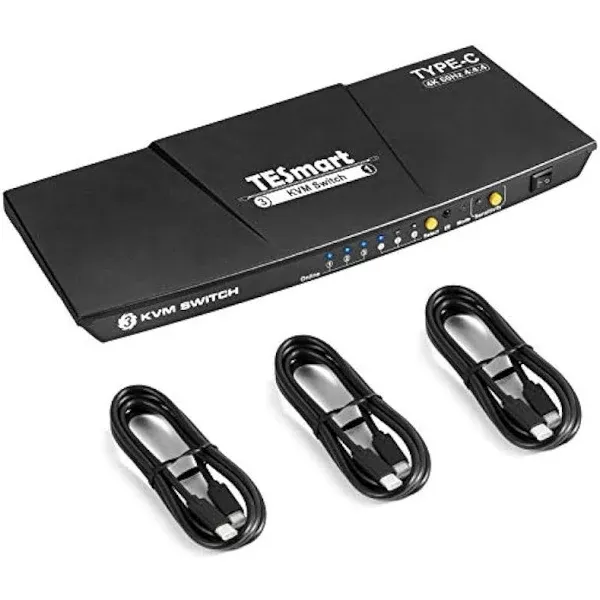 TESmart 3 Computers Commutateurs USBC KVM Video Switcher 3 Ports 3 In 1 Out 3x1 Type-C 4K 60 Hertz HDMI USB KVM Switches