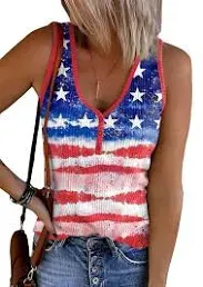 Womens American Flag Button V-Neck Tank Coloful Printed Sleeveless Patriotic Shi