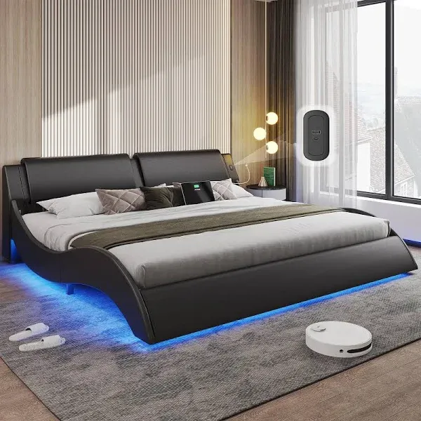 DICTAC California King Bed Frame with Headboard and Led Lights Modern Cali King Led Bed Frame with USB & Type-c Ports Faux Leather Wave Like Curve Low Profile Platform Bed,No Box Spring Needed,Black