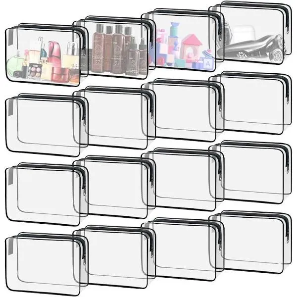 16 Pack Clear Makeup Bags, Waterproof Clear Cosmetic Bag TSA Approved Toiletry Bag, Portable Travel Clear Pouch with Zipper, Vinyl Plastic Organizer Storage for Men and Women (Black-L)