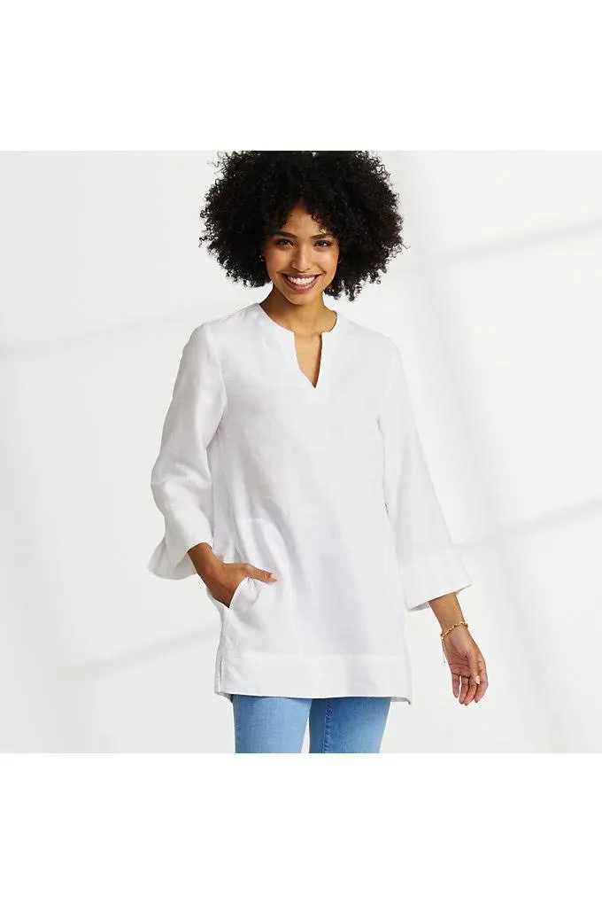 Lands&#039; End Woman’s 3/4 Sleeves Slits Notch Neck Linen Top, White Medium