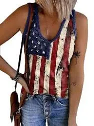 Womens American Flag Button V-Neck Tank Coloful Printed Sleeveless Patriotic Shirts Summer Tops