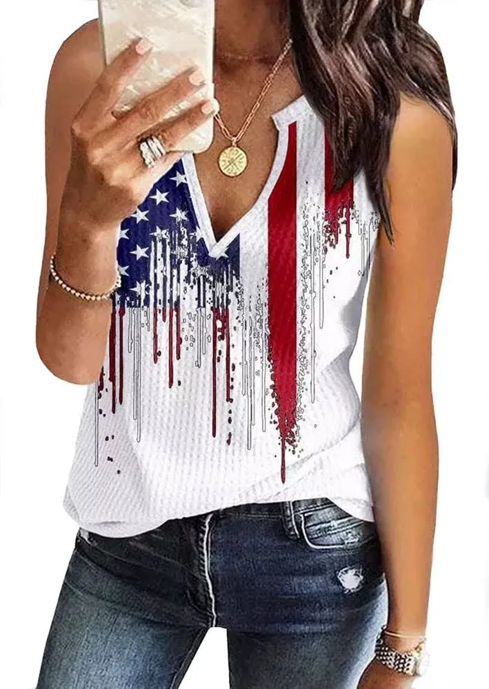 Womens American Flag Button V-Neck Tank Coloful Printed Sleeveless Patriotic Shirts Summer Tops