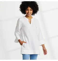 Lands&#039; End Woman’s Linen Top 3/4 Sleeves, Slits Notch Neck Pockets Side