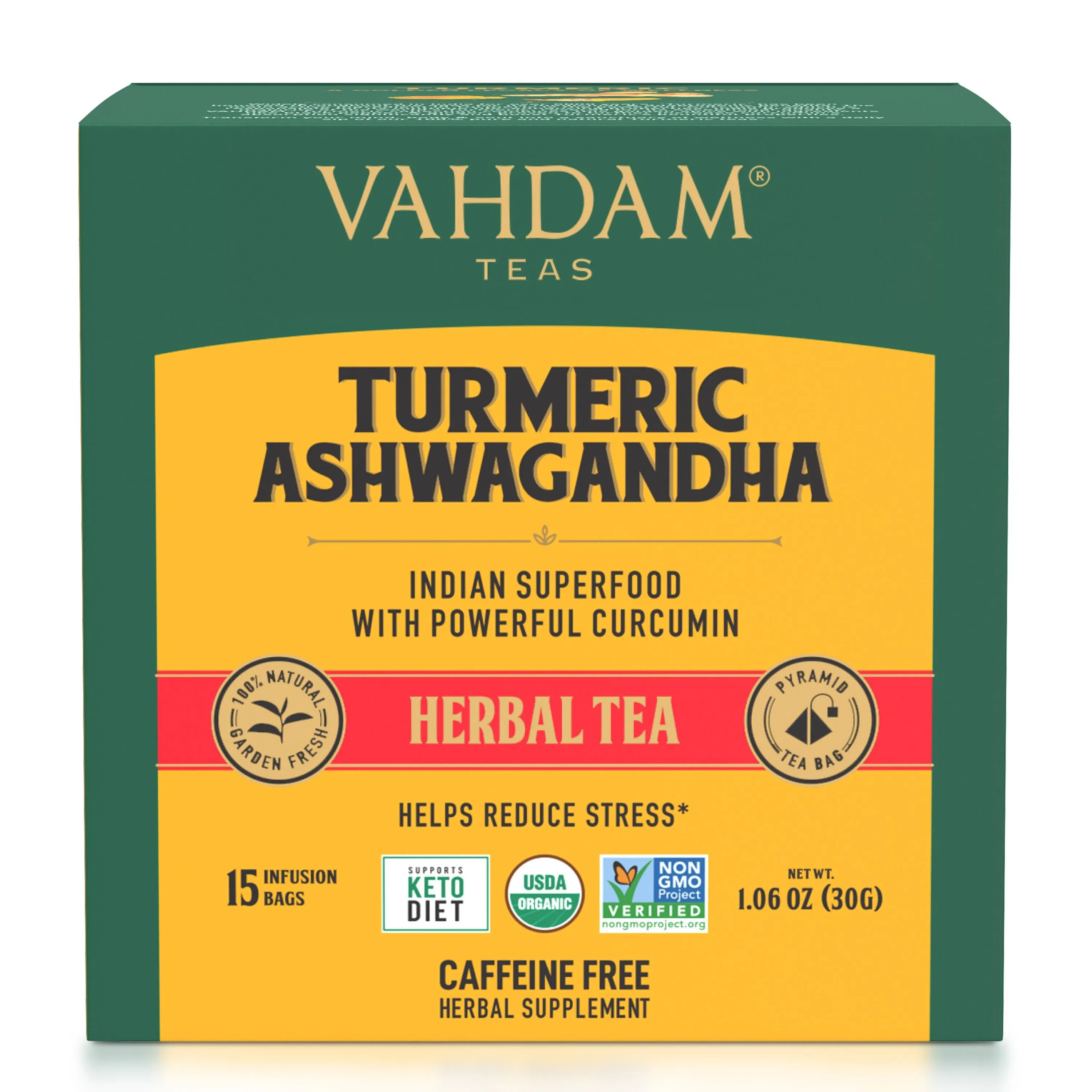 Vahdam Herbal Tea, Turmeric Ashwagandha, Tea Bag - 15 bags, 1.06 oz