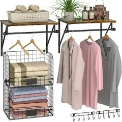 Laundry Room Shelves Wall Mounted with Wire Baskets, Over the Washer and Dryer Shelf with Clothes Drying Rack, Wire Shelves Baskets for Laundry Closet Organization and Storage, Wood+Metal, Black